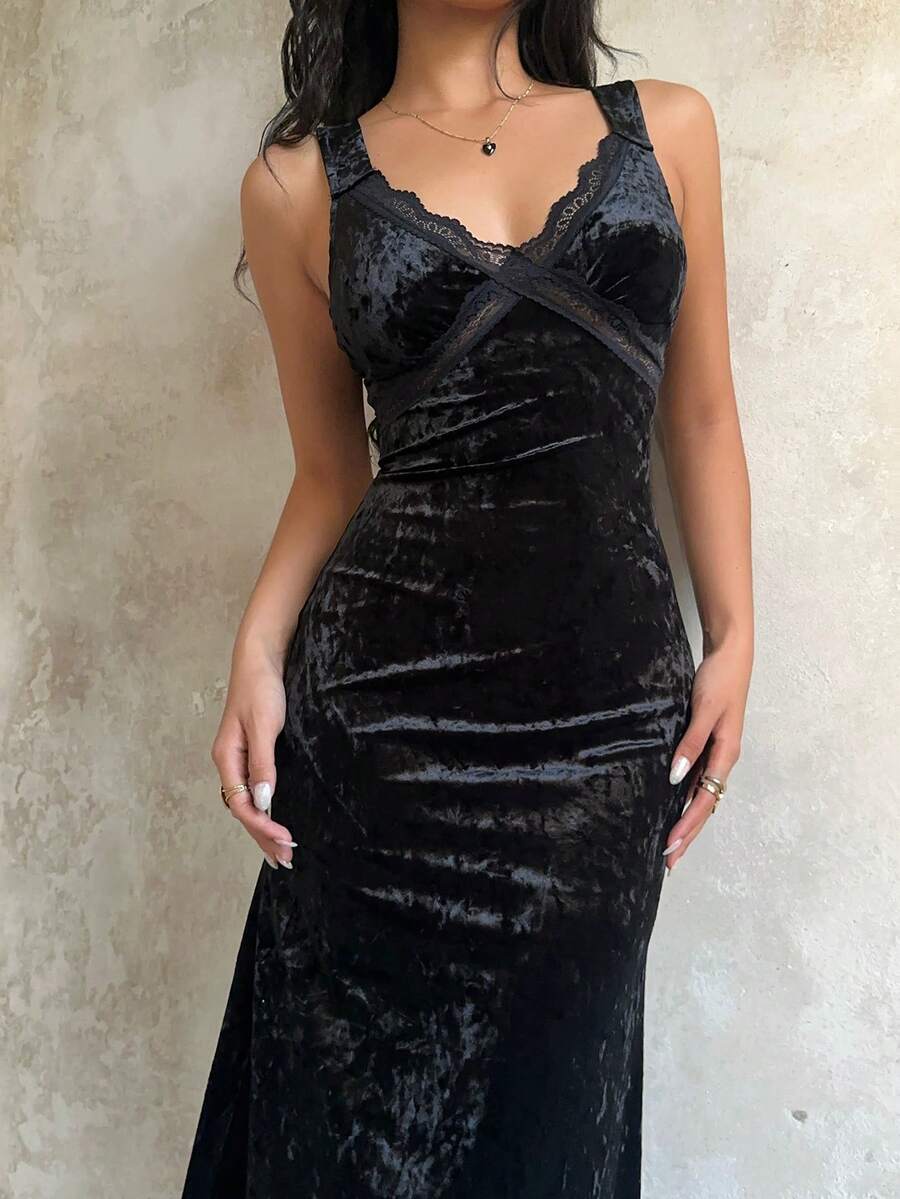 Sunnyshic Damen langes Samtkleid, Schwarz, Herbst, tiefer V-Ausschnitt, Kontrastspitze, tailliert, schmal, sexy, elegantes Partykleid