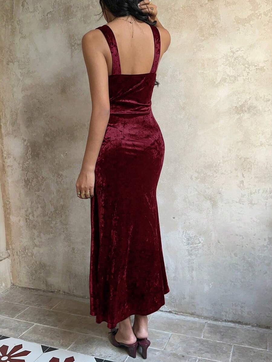 Sunnyshic Damen langes Samtkleid, Schwarz, Herbst, tiefer V-Ausschnitt, Kontrastspitze, tailliert, schmal, sexy, elegantes Partykleid