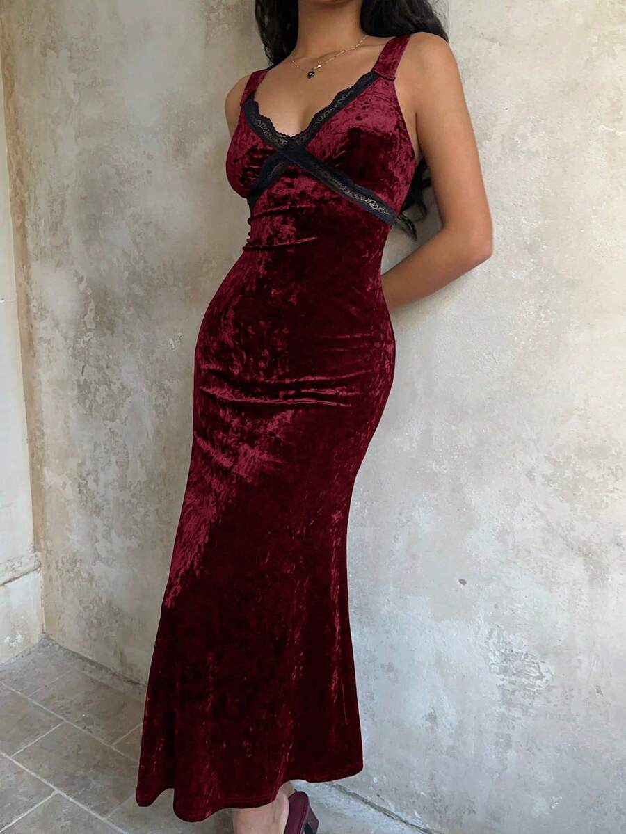 Sunnyshic Damen langes Samtkleid, Schwarz, Herbst, tiefer V-Ausschnitt, Kontrastspitze, tailliert, schmal, sexy, elegantes Partykleid