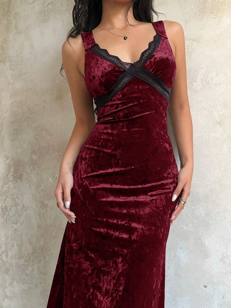 Sunnyshic Damen langes Samtkleid, Schwarz, Herbst, tiefer V-Ausschnitt, Kontrastspitze, tailliert, schmal, sexy, elegantes Partykleid
