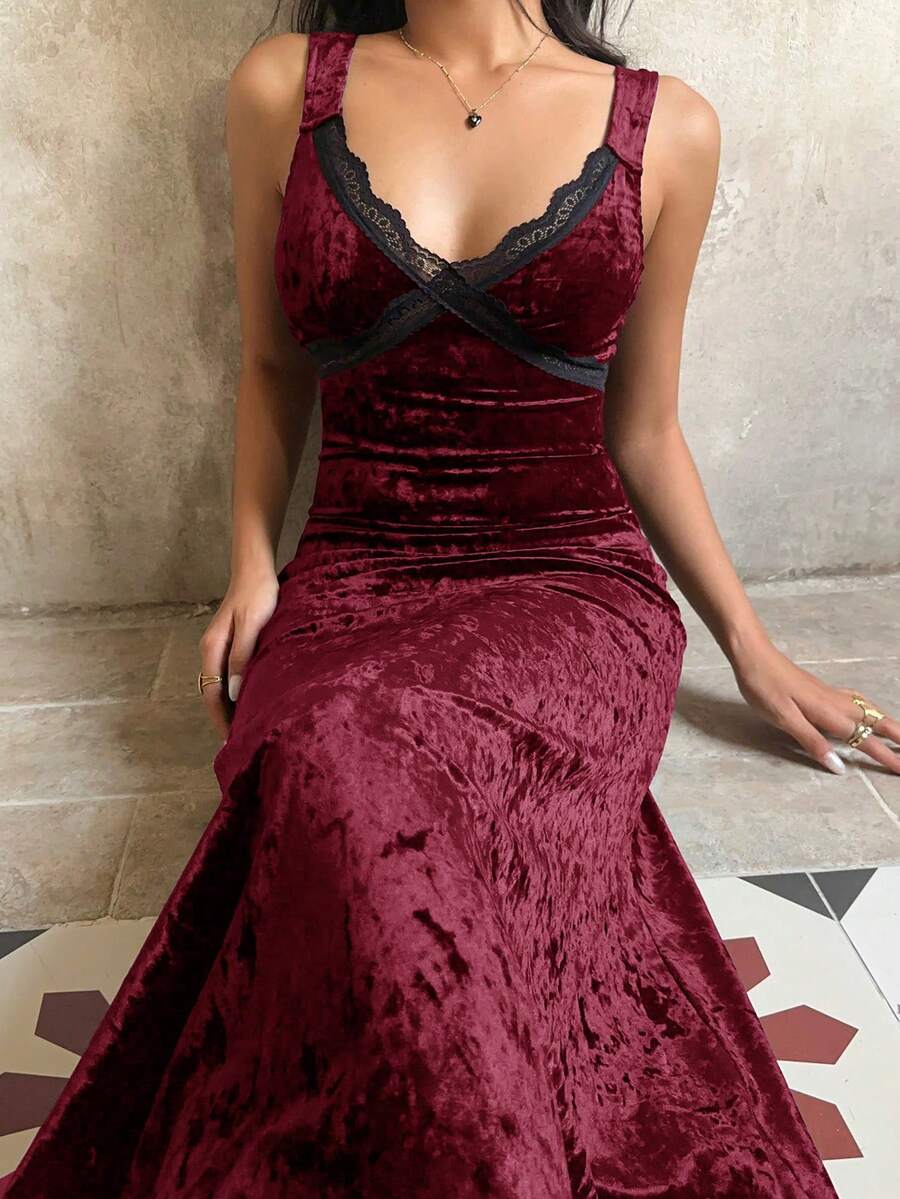Sunnyshic Damen langes Samtkleid, Schwarz, Herbst, tiefer V-Ausschnitt, Kontrastspitze, tailliert, schmal, sexy, elegantes Partykleid