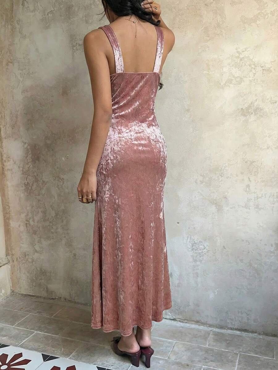 Sunnyshic Damen langes Samtkleid, Schwarz, Herbst, tiefer V-Ausschnitt, Kontrastspitze, tailliert, schmal, sexy, elegantes Partykleid