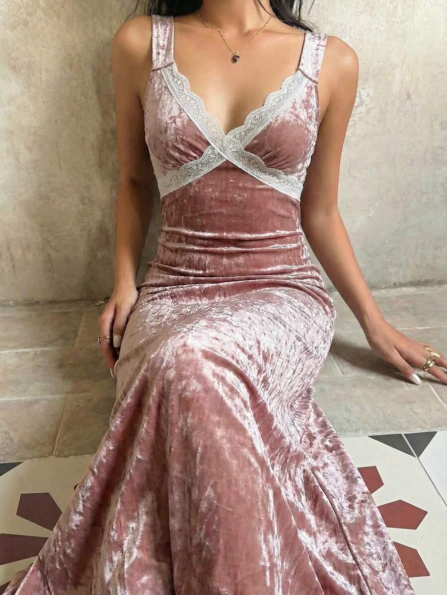 Sunnyshic Damen langes Samtkleid, Schwarz, Herbst, tiefer V-Ausschnitt, Kontrastspitze, tailliert, schmal, sexy, elegantes Partykleid